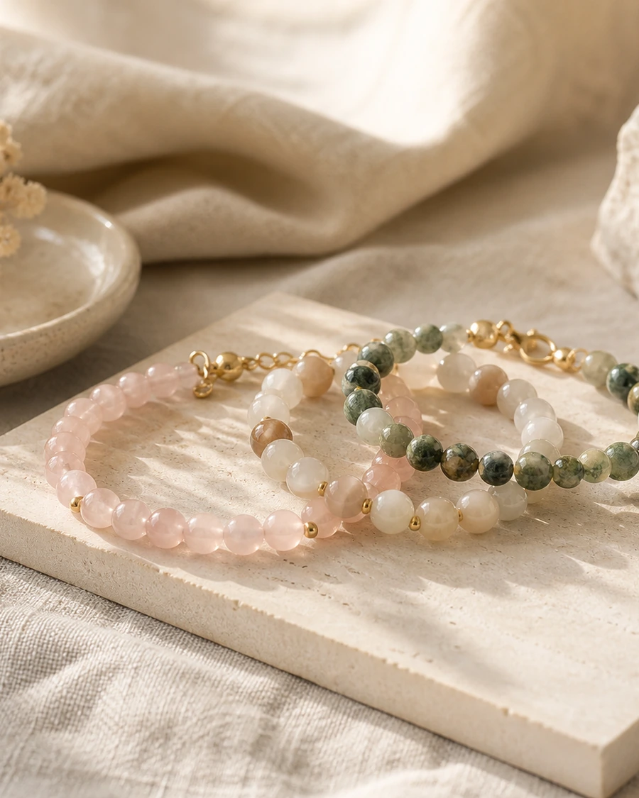 Natural stone bracelets displayed in warm soft light